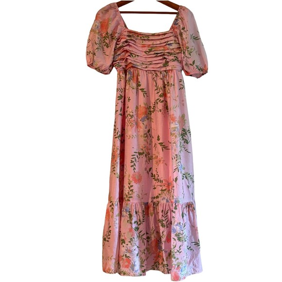 By the River Dresses & Skirts - By The River Floral Midi Dress Womens S Pink Puff Sleeve Smocked Cottagecore